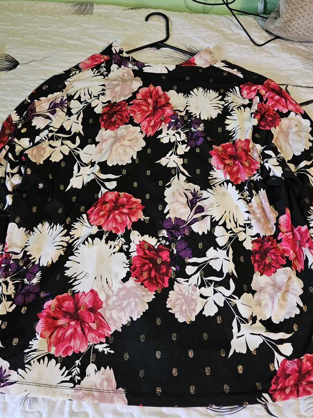 Liz Claiborne Black Floral V-Neck Tunic with Pink, White & Purple Blooms